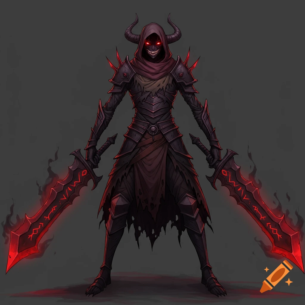 An anime dark fantasy warrior with horns, red eyes, black armor, holding two glowing red swords.