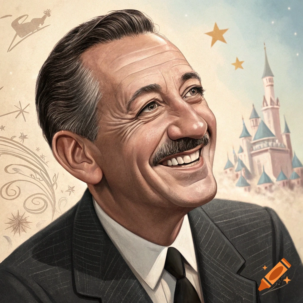 Illustration of Walt Disney smiling, with a castle and stars in the background.