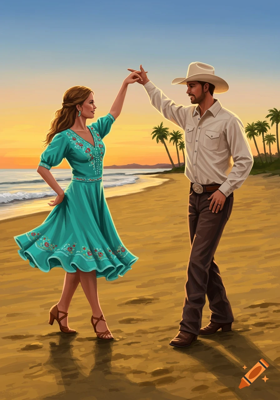 A couple does country dancing on a beach at sunset.
