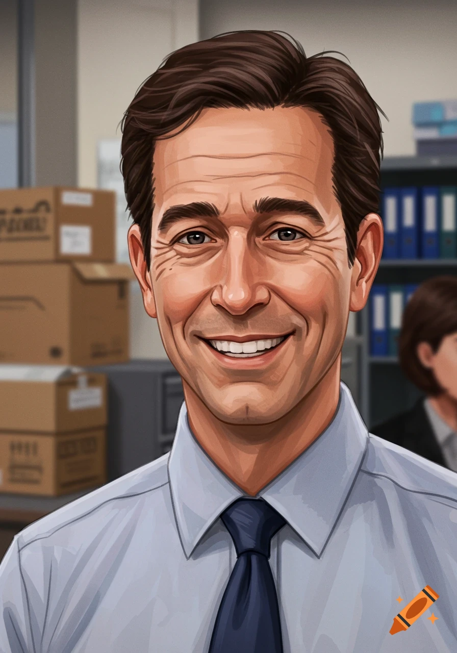 A man in a light blue shirt and tie is smiling in an office.