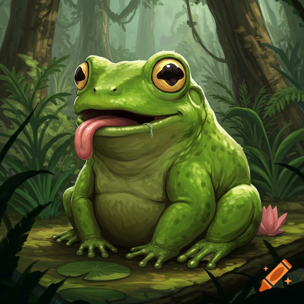 Cartoonish green frog with its tongue out sitting on a log in a lush jungle.