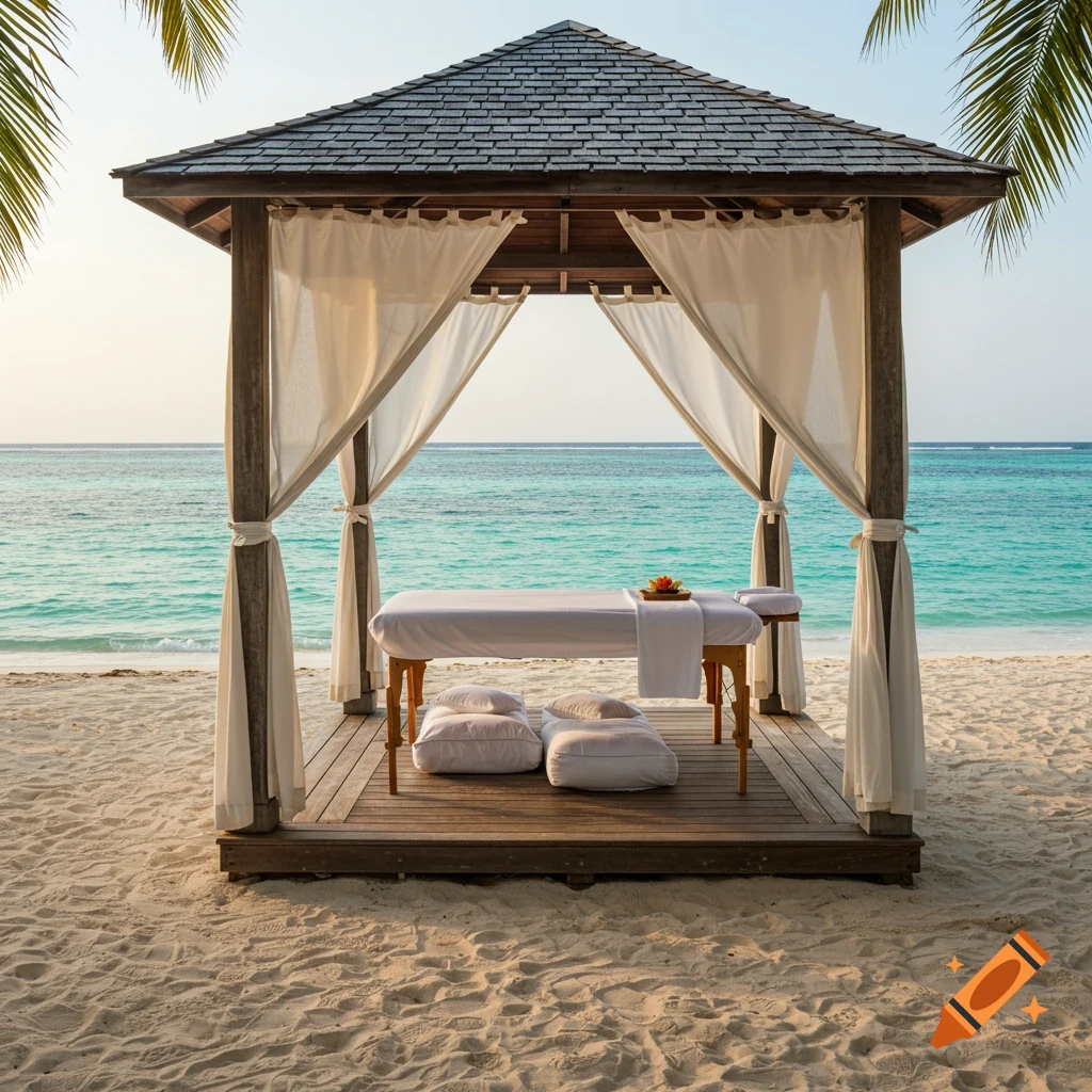 A massage table under a wooden gazebo on a tropical beach by the ocean
