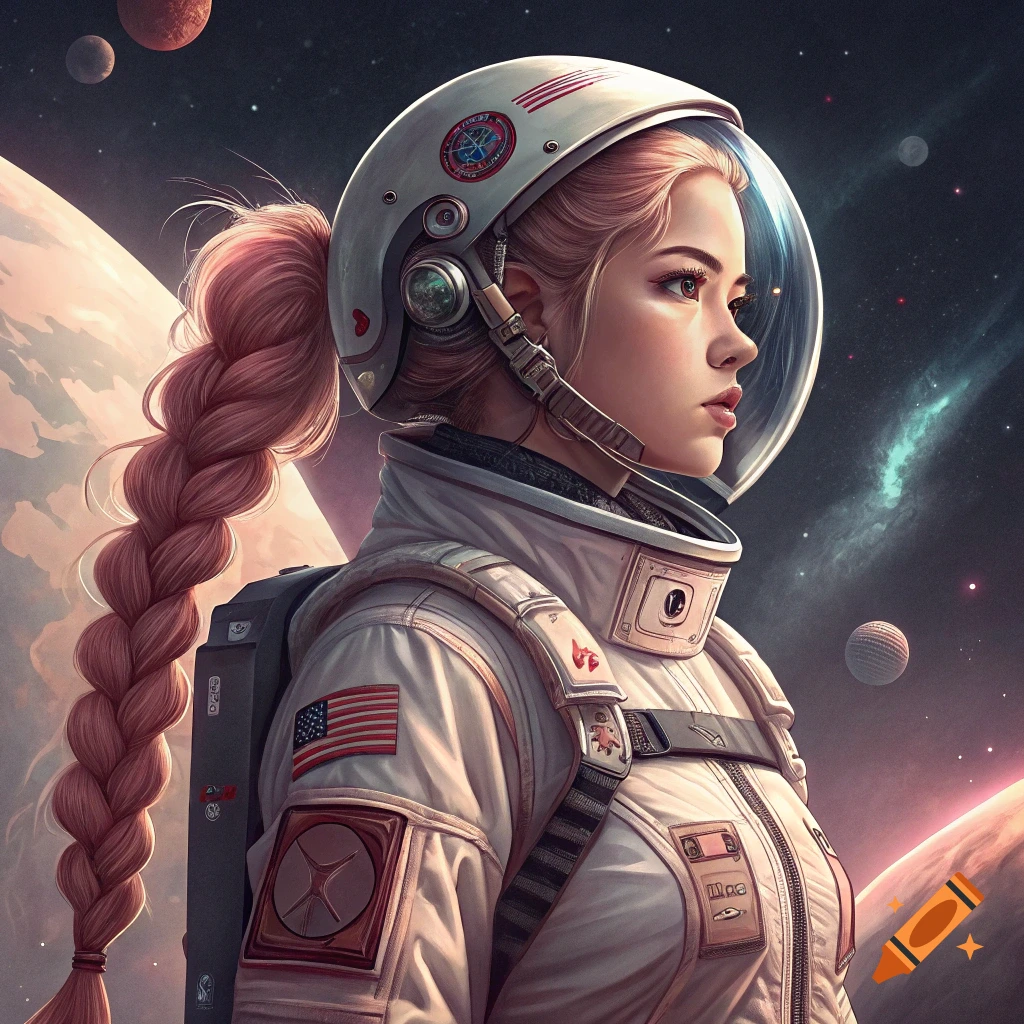 Portrait of a young woman with a long pink braid in a white astronaut suit in space with planets.