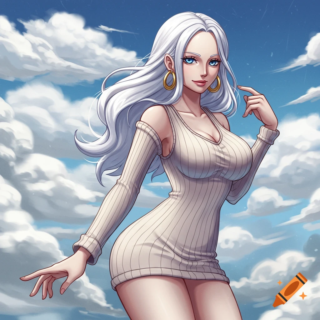 Anime drawing of a woman with white hair and blue eyes in a dress posing against clouds.