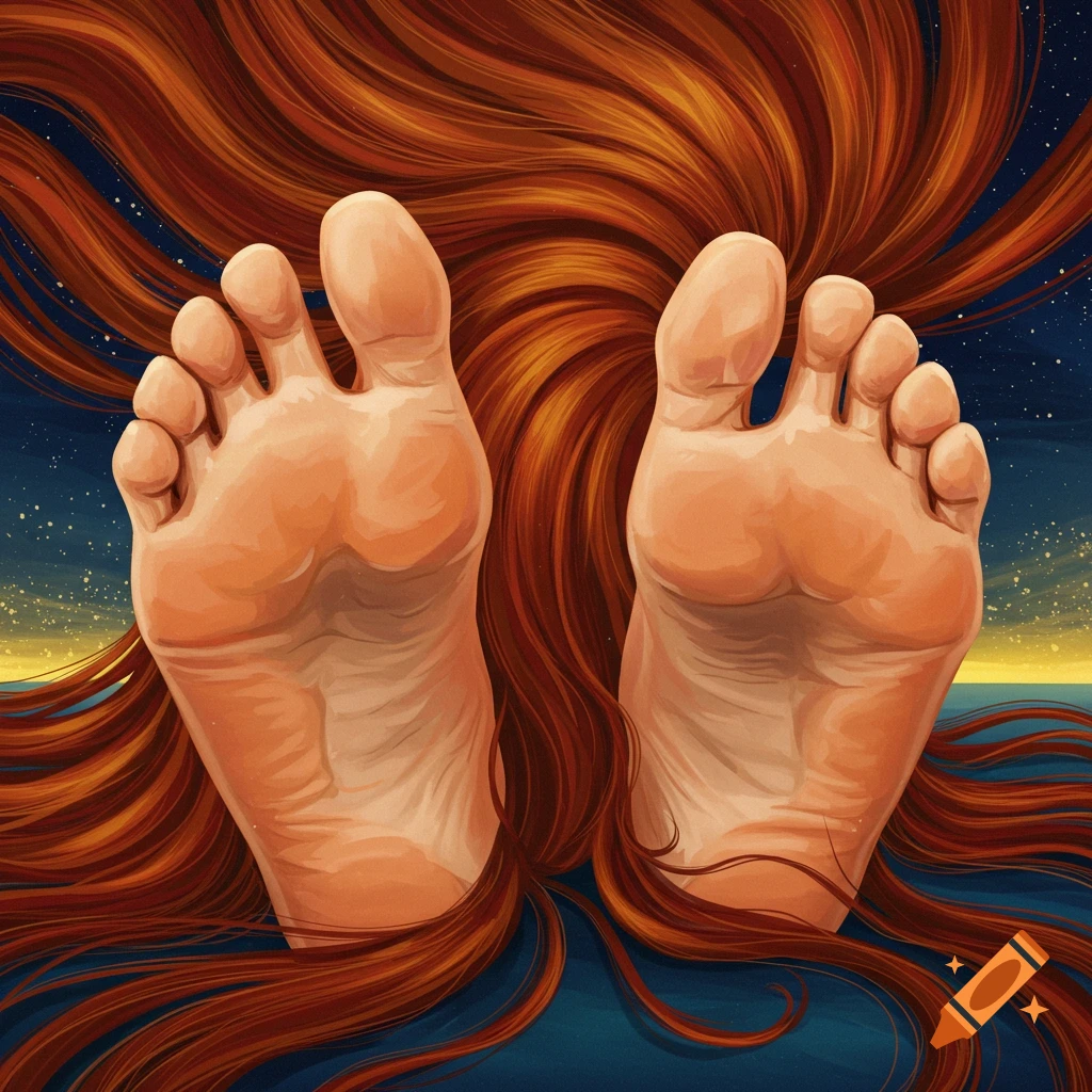 Large feet surrounded by flowing red hair against a starry night sky and water.
