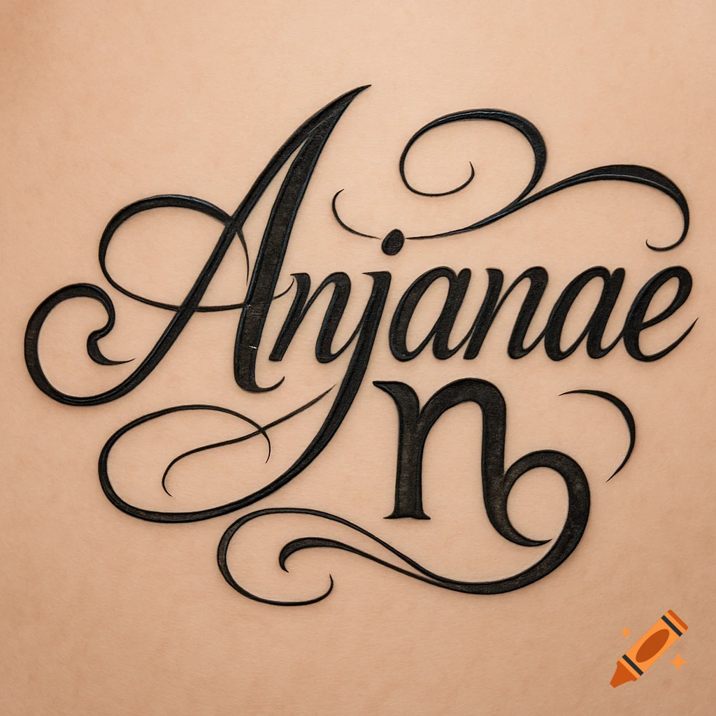Black script tattoo of the name Anjanae with a Capricorn 'n' symbol on skin.
