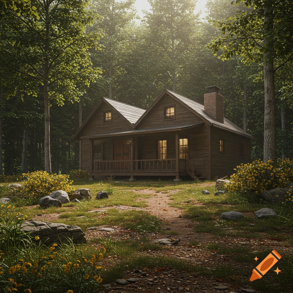 A rustic wooden cabin in a sunlit forest clearing.