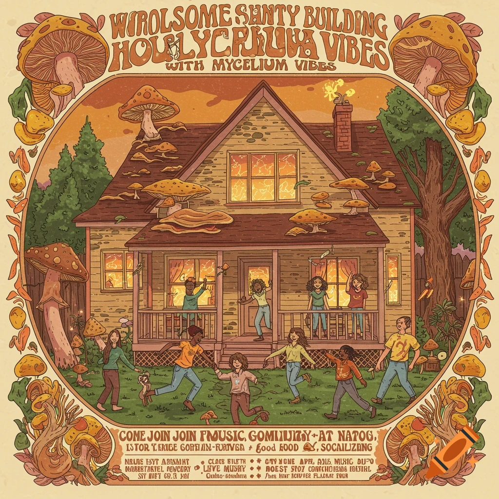 A stylized flyer for a house party with mycelium vibes, showing a house, people, and large mushrooms.