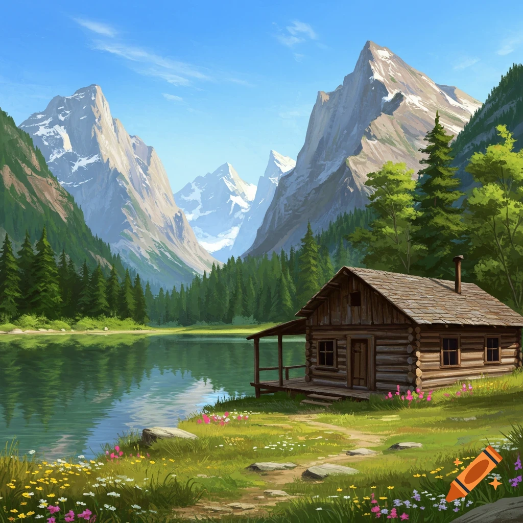 A wooden cabin by a lake with mountains and trees