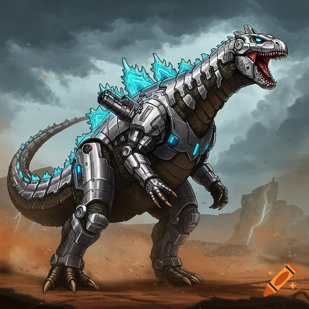 A robotic monster with blue glowing spikes stands in a rocky wasteland.