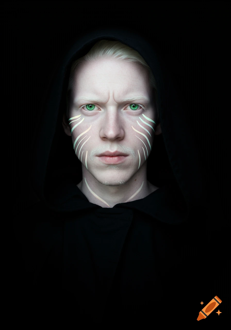 Portrait of an albino man with white hair, green eyes, and white facial markings, wearing a black hooded cloak against a dark background.