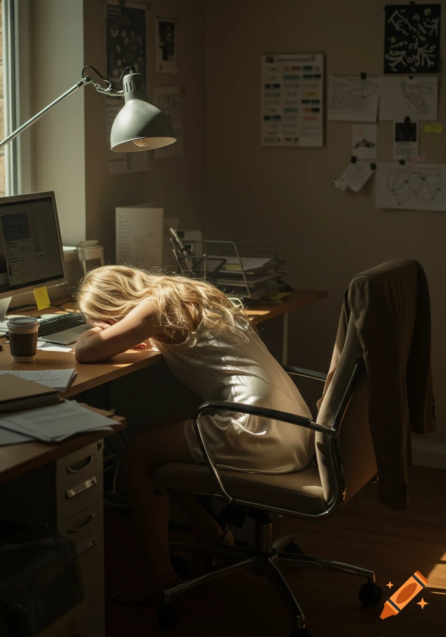 A woman with blonde hair is sleeping face down on a wooden desk in a sunlit office. A computer monitor, papers, and a coffee cup are on the desk.