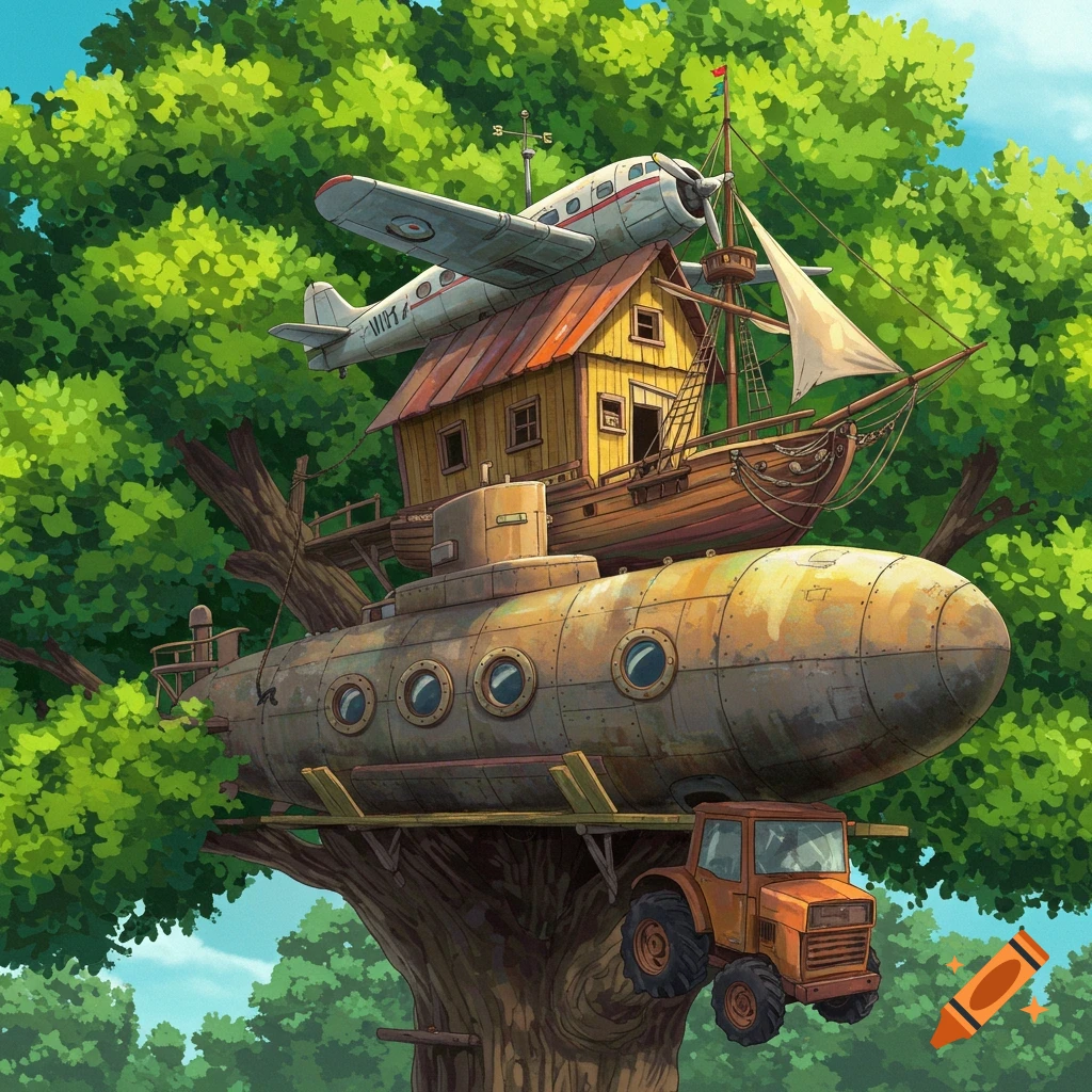 A treehouse made from a submarine, airplane, ship, and tractor.