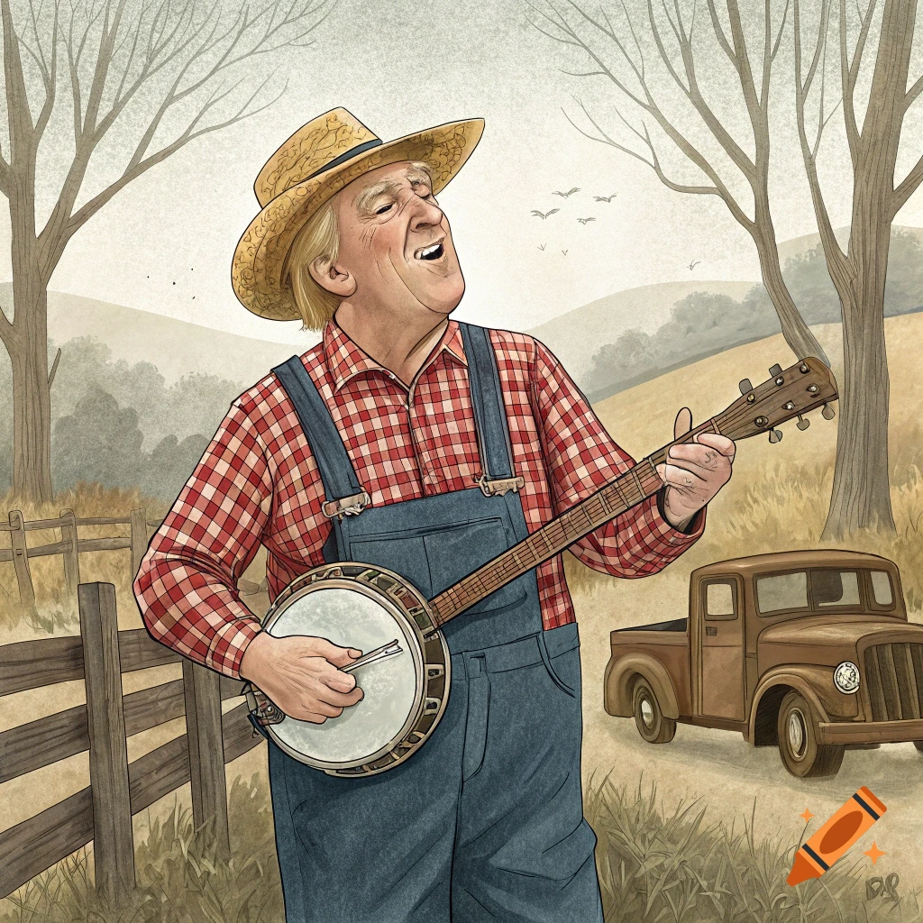 Illustration of a man resembling Trump in farmer clothes playing a banjo in a rural setting.