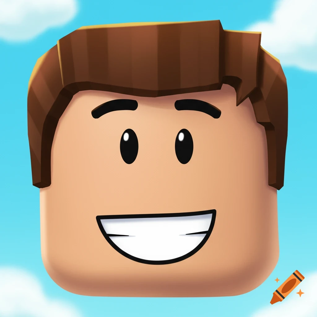 A stylized character face with a wide smile, like from Roblox, against a blue sky with clouds.