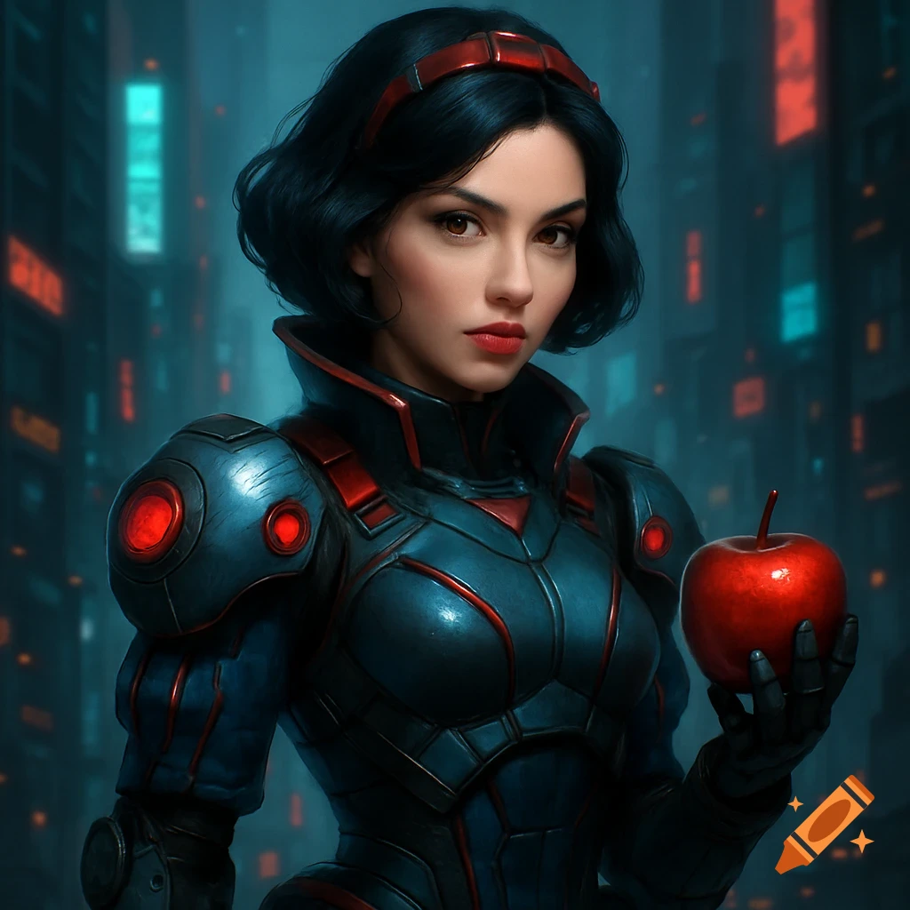 A woman in sci-fi armor holds a red apple in a futuristic city, styled as Snow White.