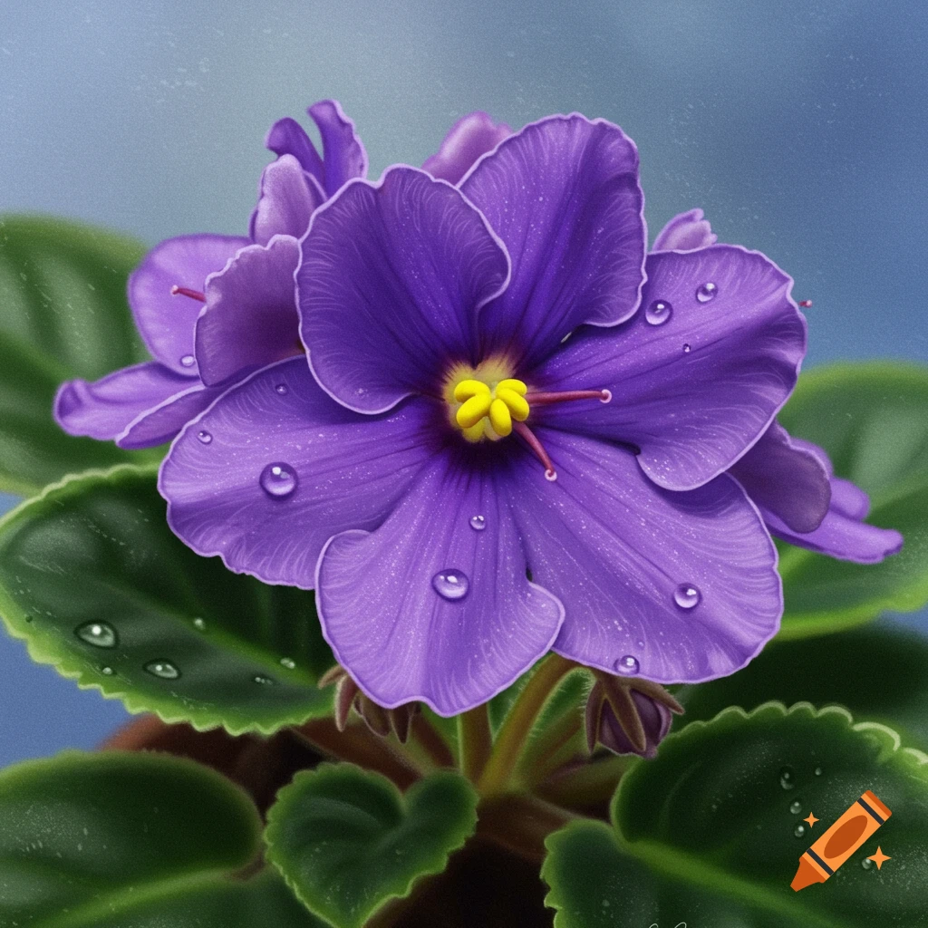 A purple African Violet flower with green leaves and water droplets.