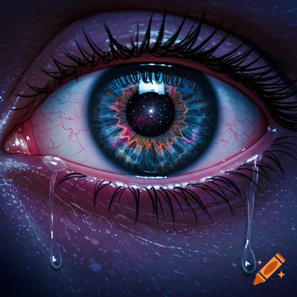 A close-up of a crying eye with the universe reflected in the pupil.
