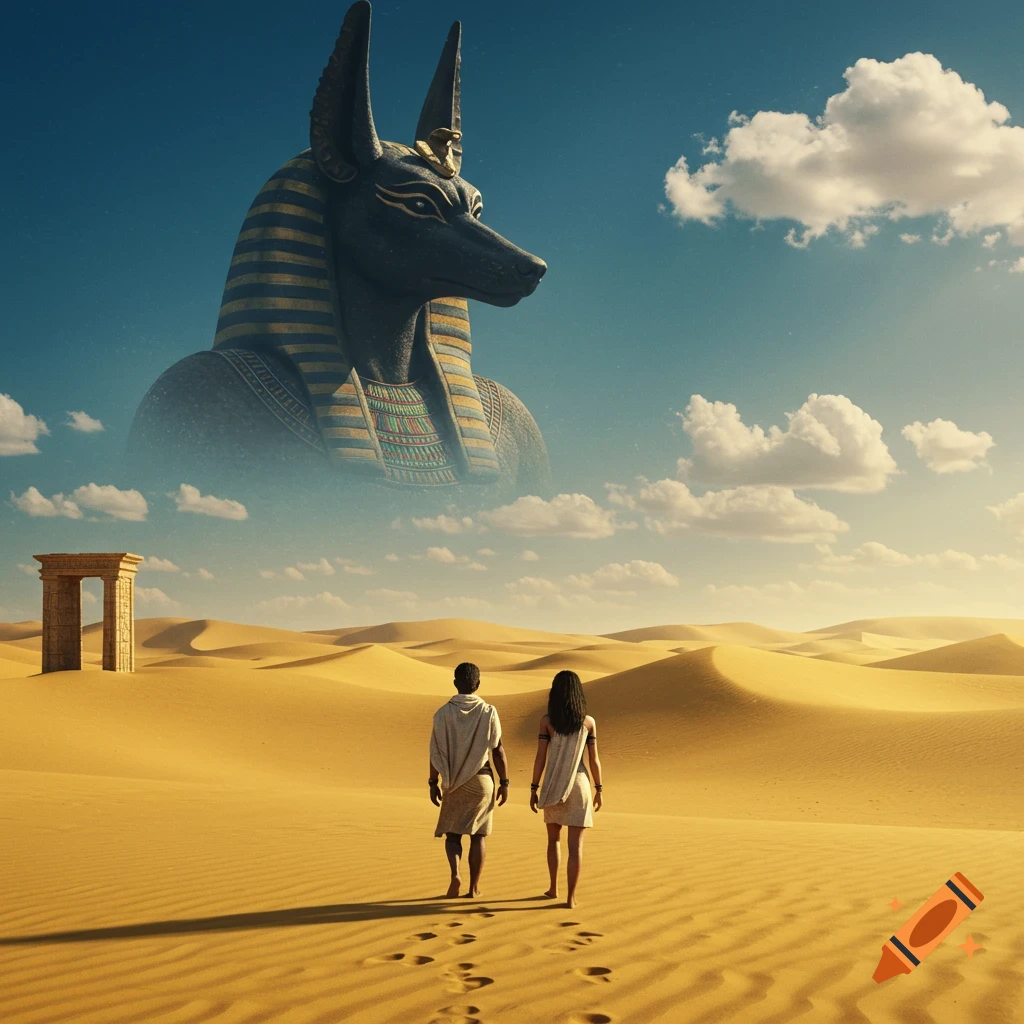 Two people walk in a desert toward a giant floating statue of Anubis in the sky.