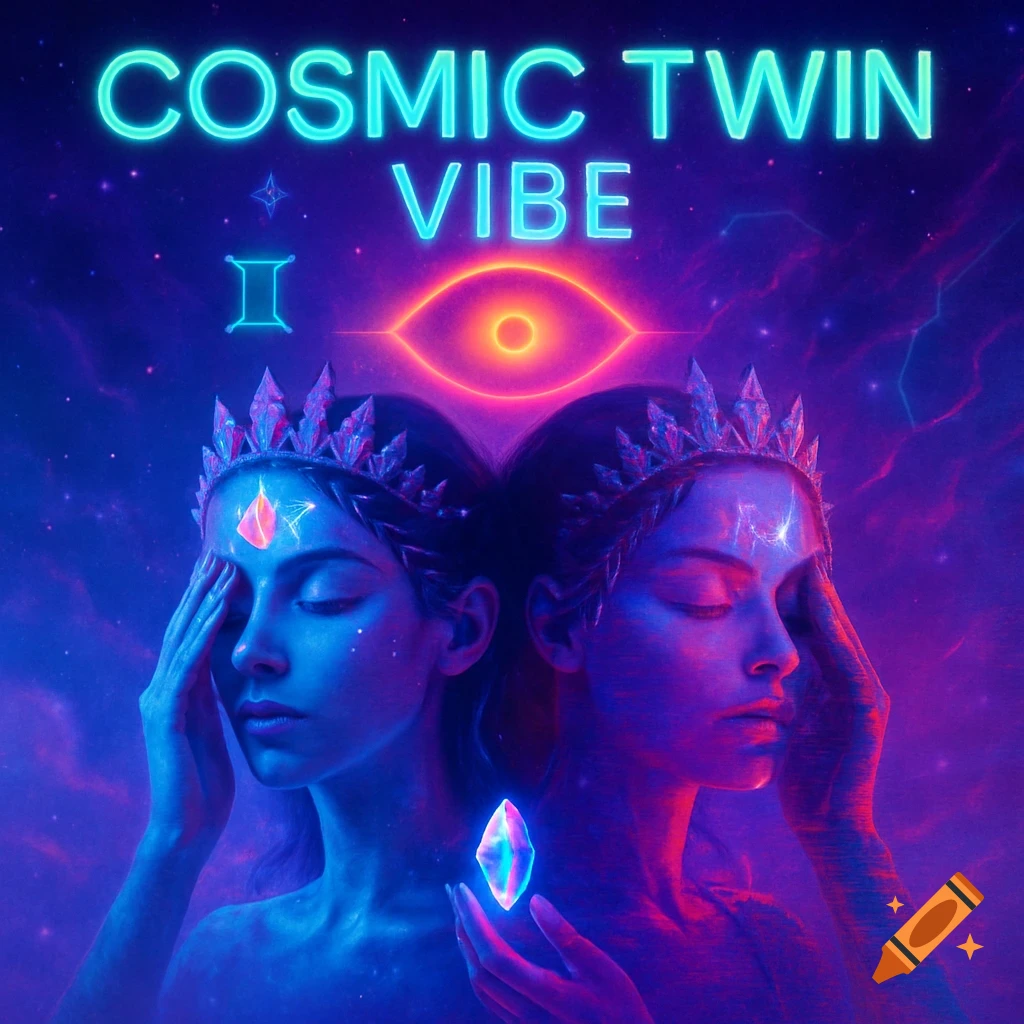 Digital art of cosmic twins with crystal crowns, glowing third eyes, and a floating crystal in a vibrant neon space background with 'COSMIC TWIN VIBE' text.