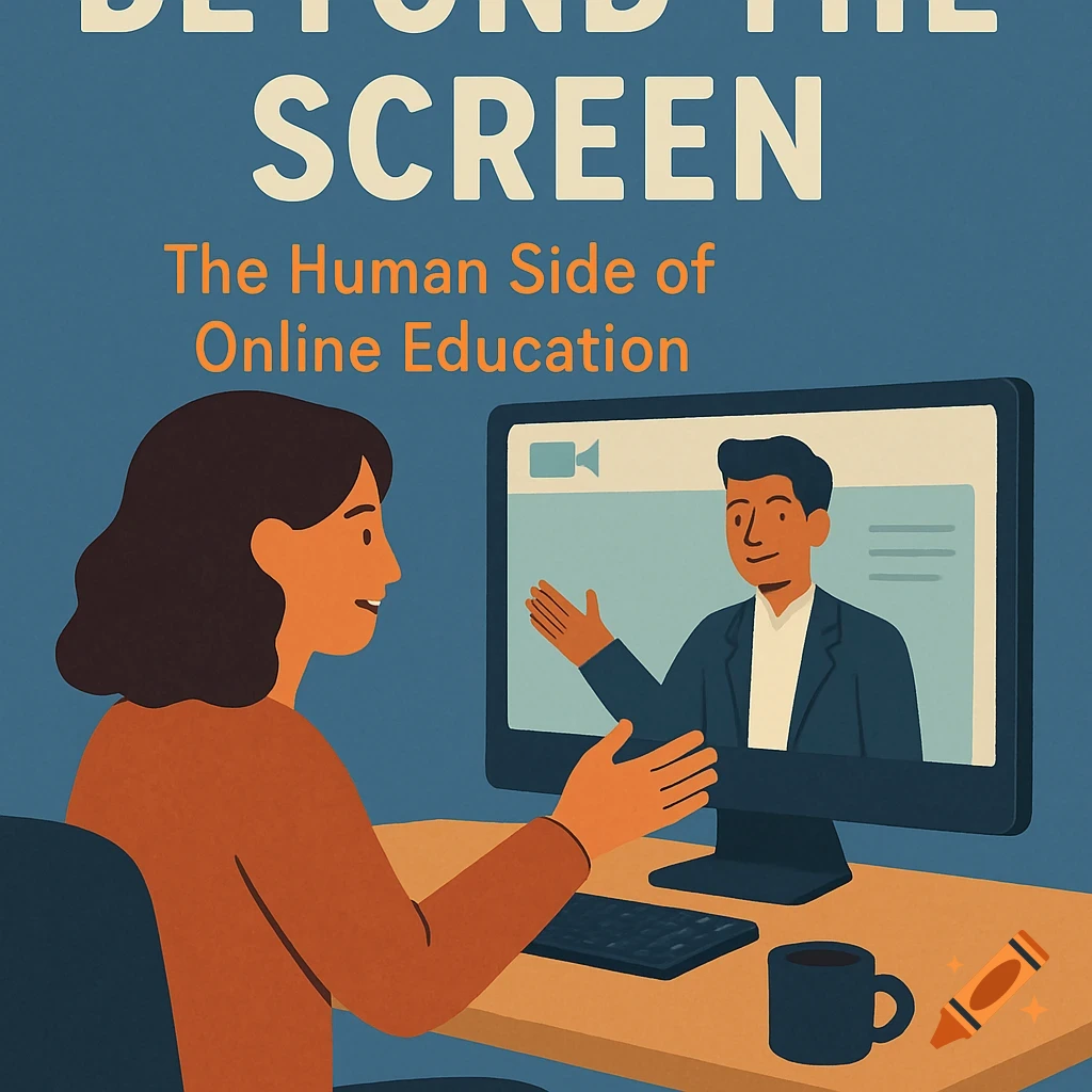 Stylized illustration of a woman on a video call, with the book title "Beyond the Screen: The Human Side of Online Education" displayed above.