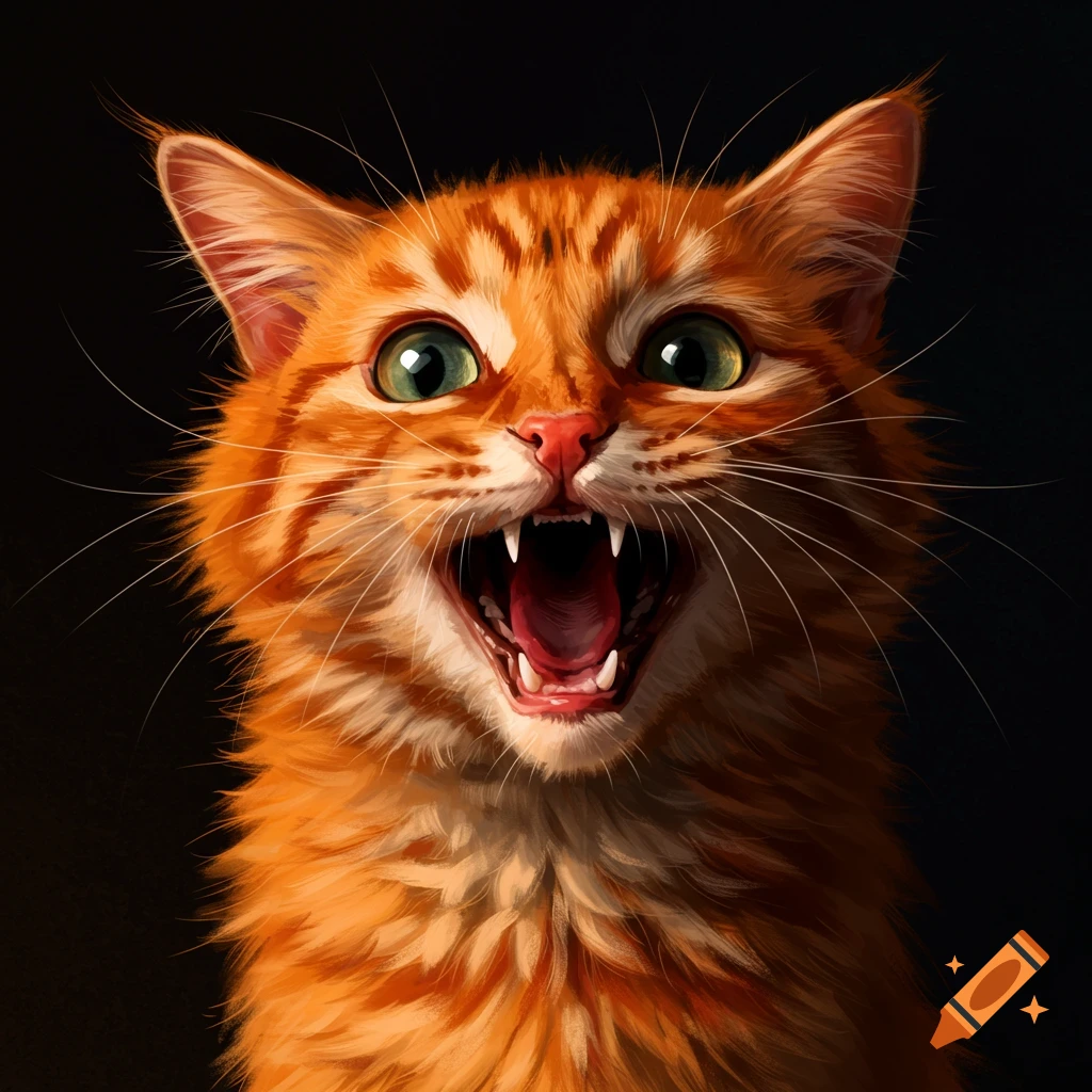 A screaming orange tabby cat with green eyes