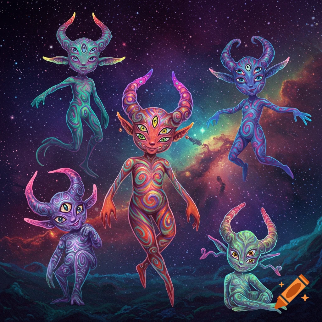 Five colorful, horned, multi-eyed imp creatures floating in a vibrant cosmic nebula.
