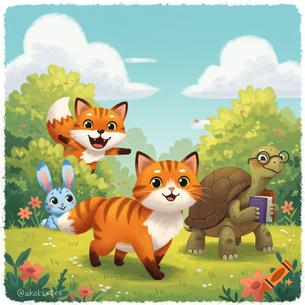 A cat, fox, rabbit, and a turtle are in a field with books.