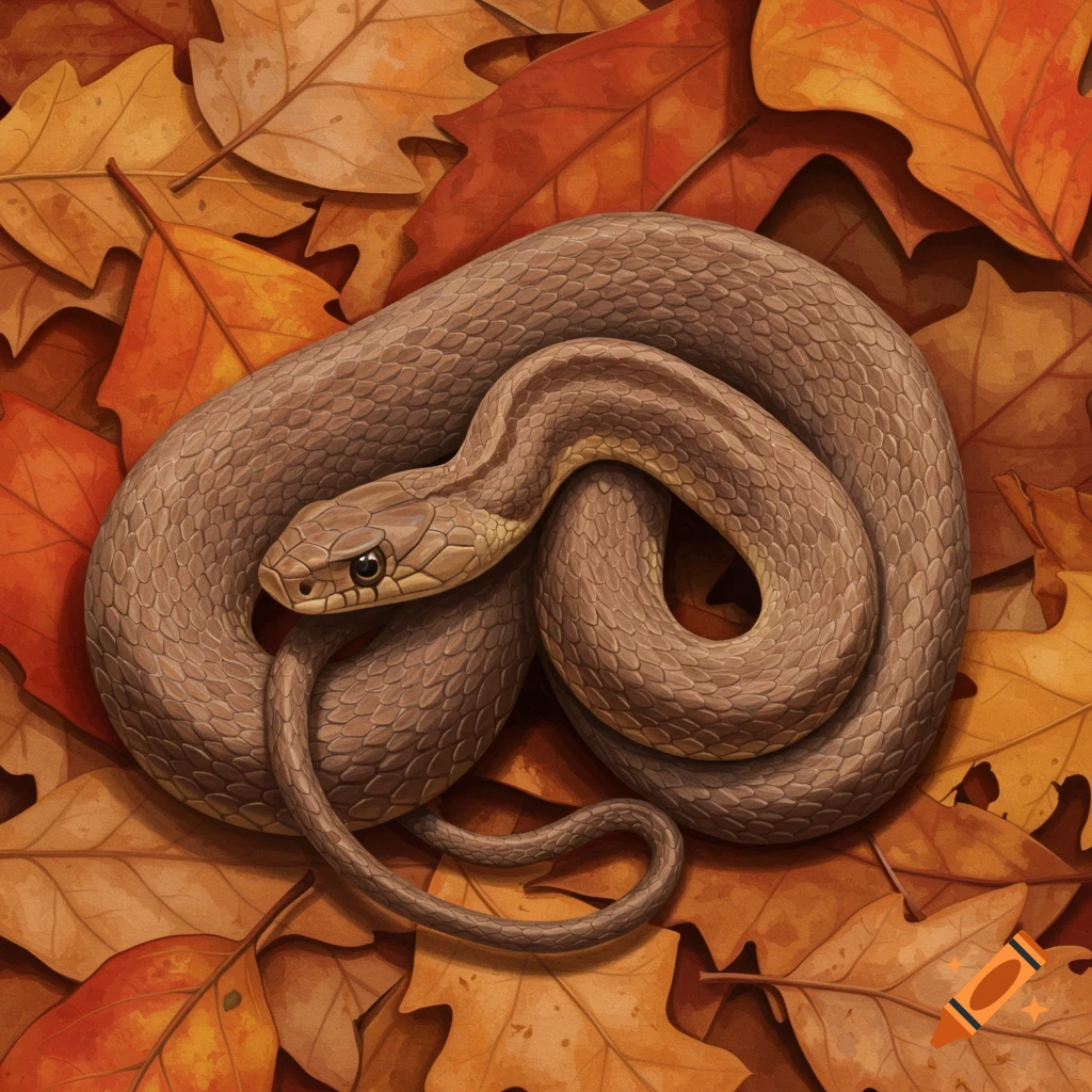 A brown snake is coiled on top of autumn leaves.