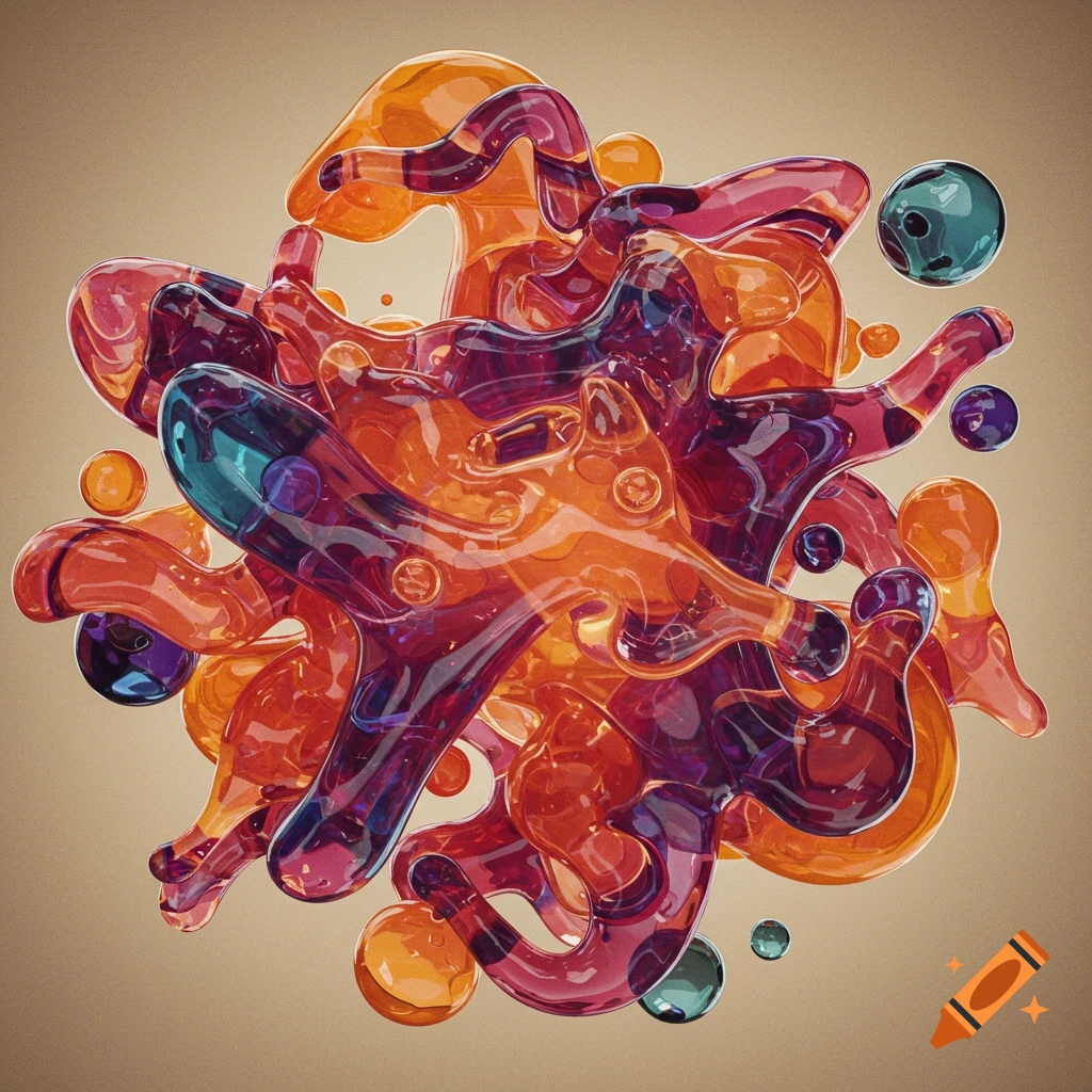 Abstract swirling organic shapes in translucent orange, purple, and blue with spheres.