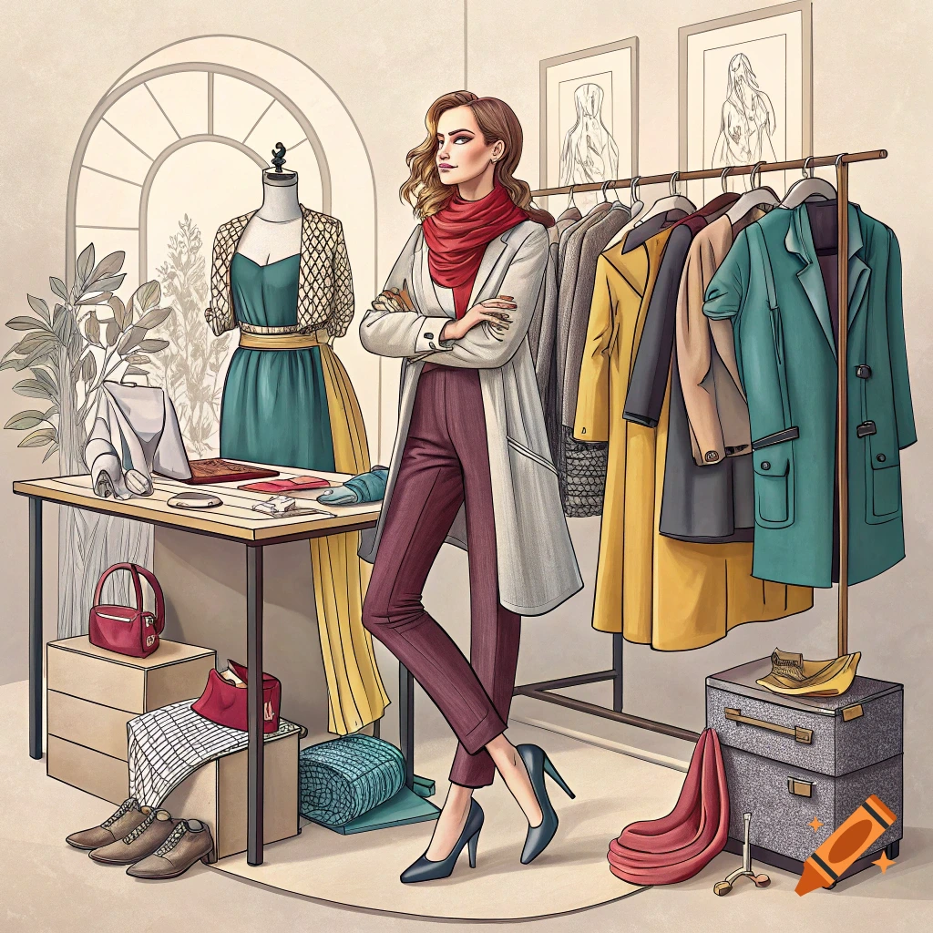 An illustrated woman with crossed arms standing in a fashion studio surrounded by clothes racks, a mannequin, and a desk.