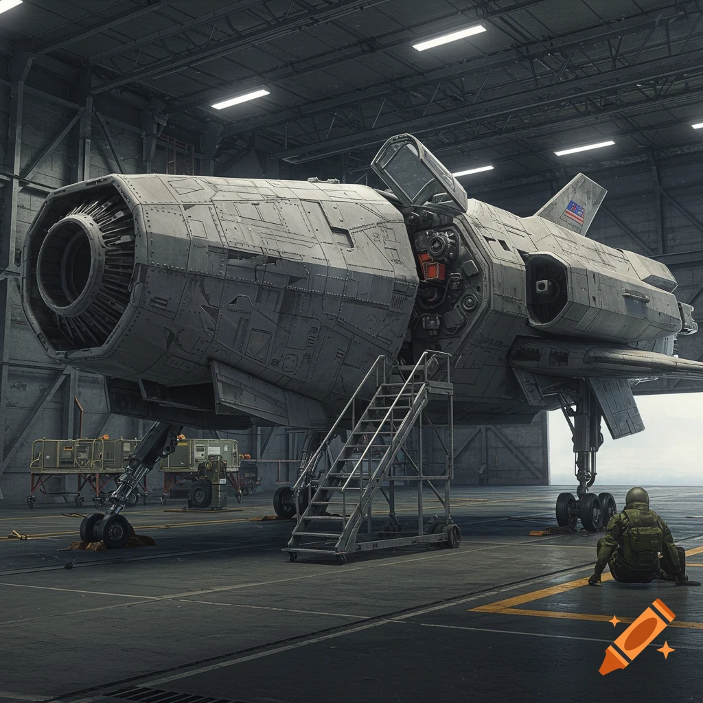 Realistic photo of a large gray spacecraft with an open hatch and ladder parked inside a large hangar with figures nearby.