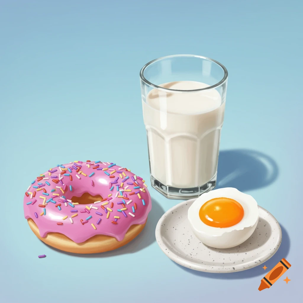 A pink donut with sprinkles, a glass of milk, and a half hard boiled egg are on a plate.
