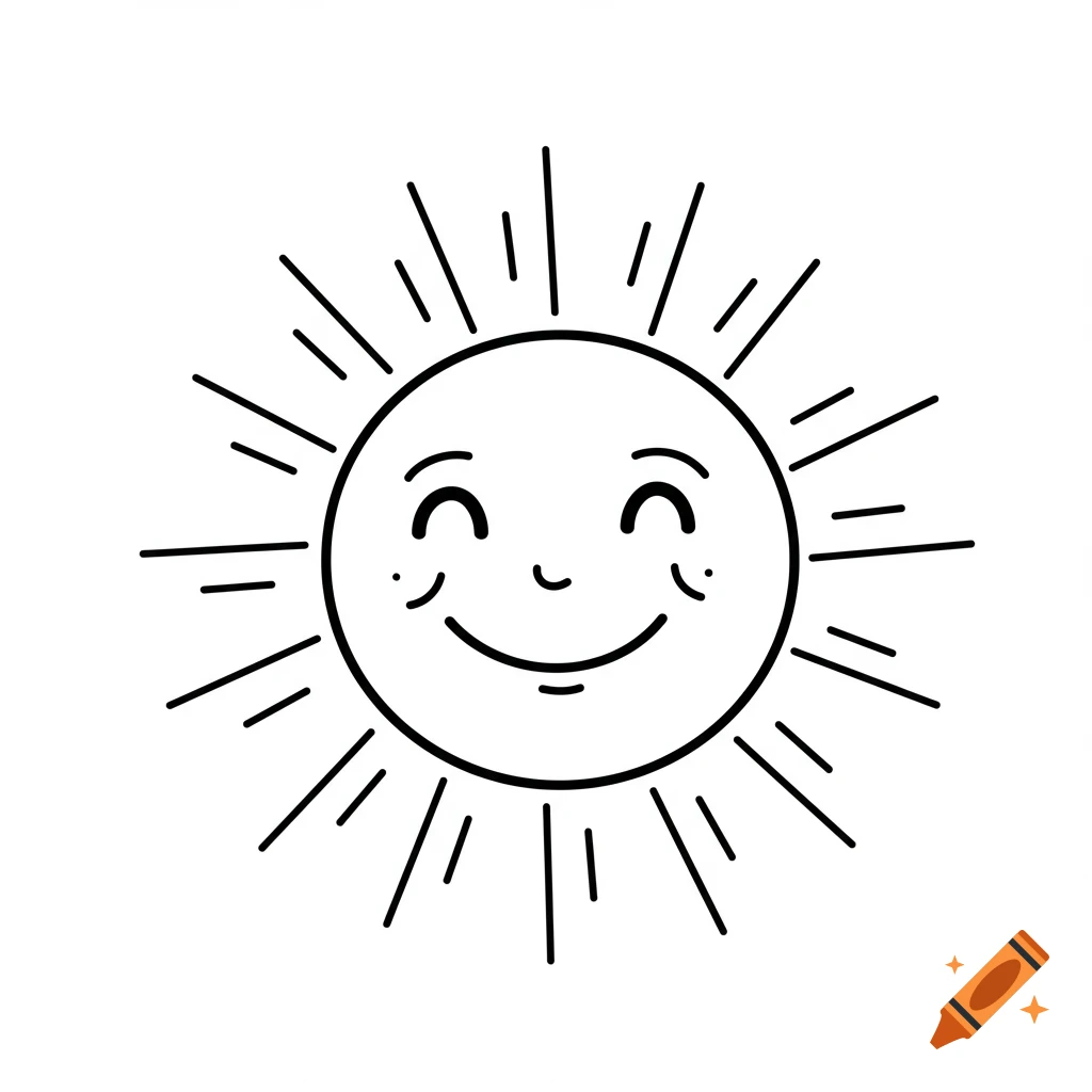 Simple black line drawing of a smiling sun with rays on a white background.
