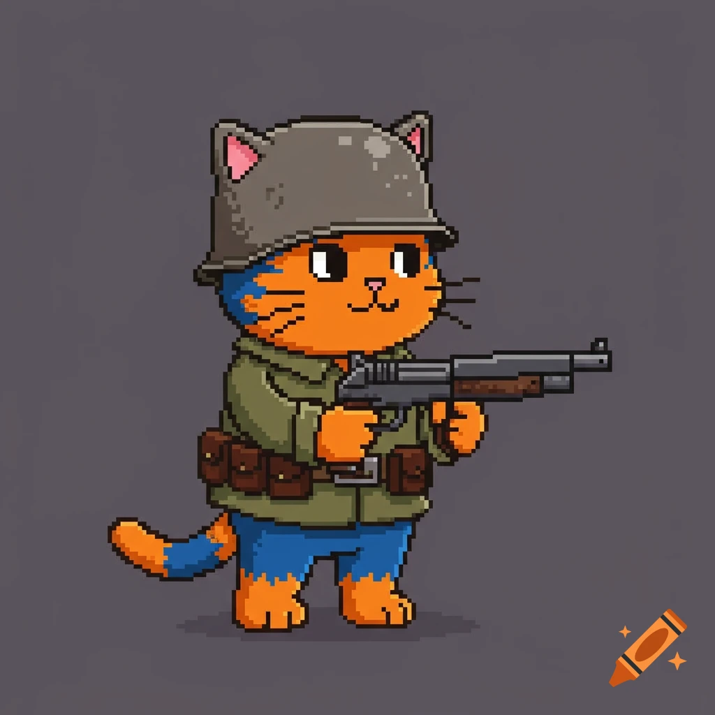 Pixel art sprite of an orange cat soldier with a helmet and shotgun.