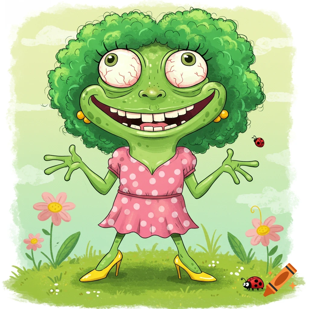 Cartoon illustration of a frog-like lady in a pink polka dot dress and yellow heels standing in a field with flowers and ladybugs.