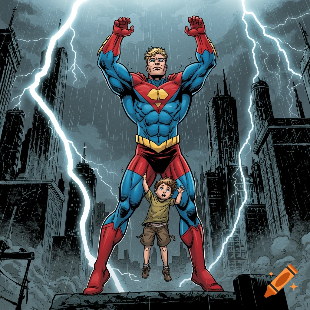 A superhero lifts a child in a stormy city with lightning, in a comic book style.