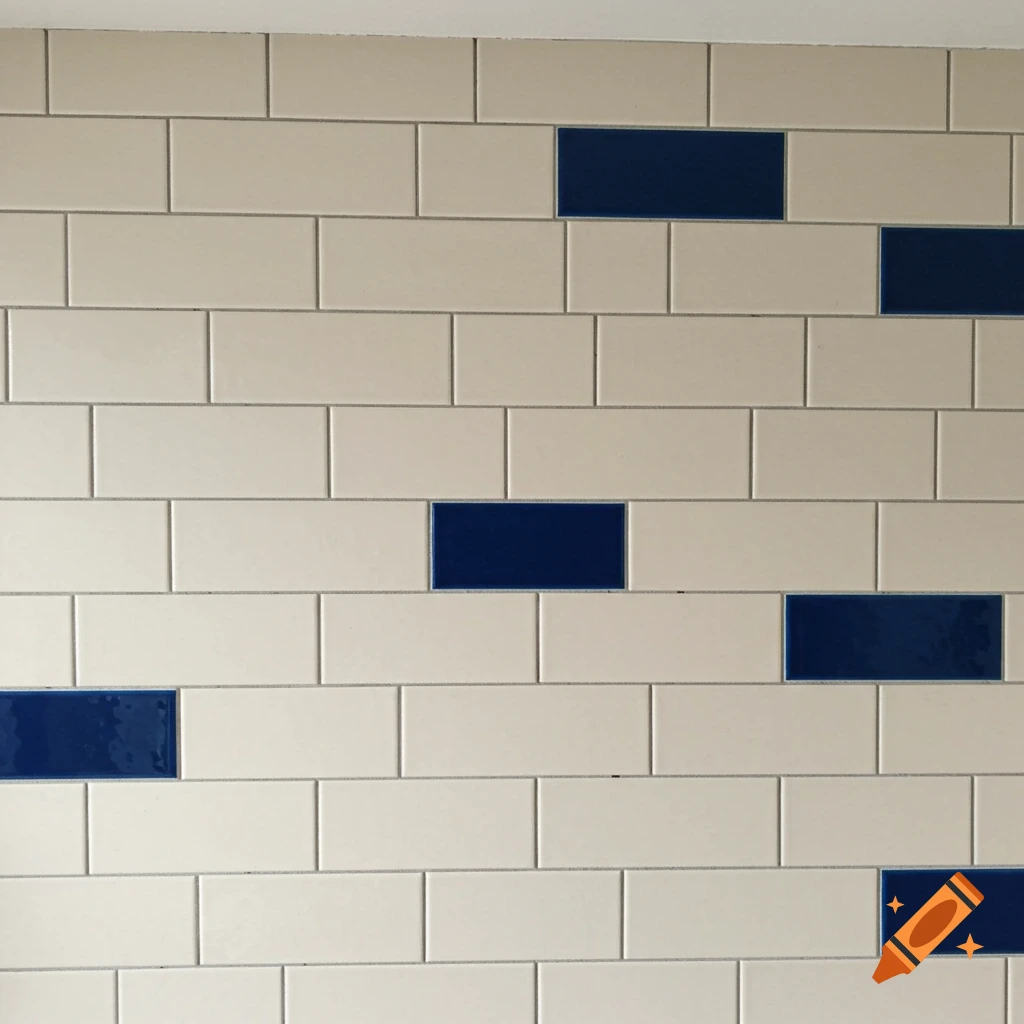 A wall of cream-colored subway tiles with five blue tiles randomly interspersed.