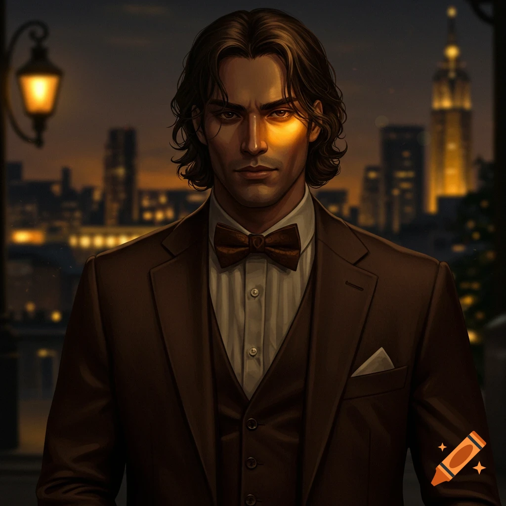 A man in a brown suit and bow tie stands against a city skyline at dusk.