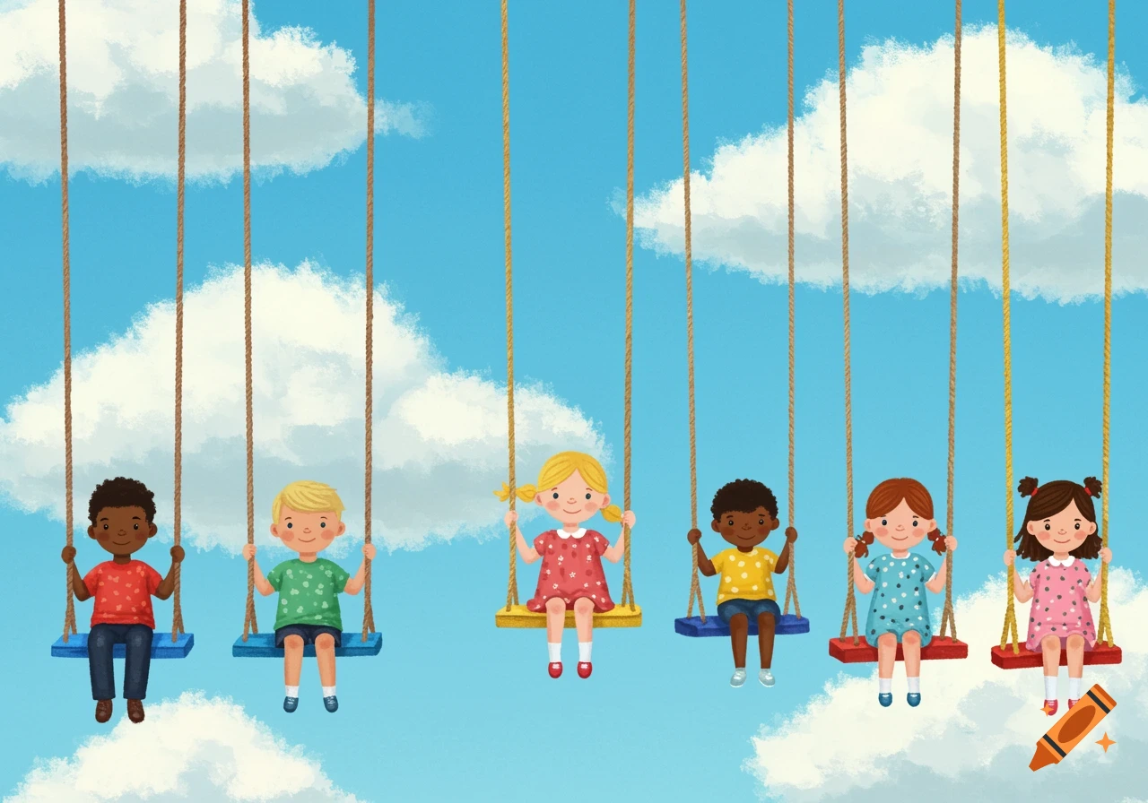 Illustration of five diverse children swinging on swings high in a blue sky with clouds.