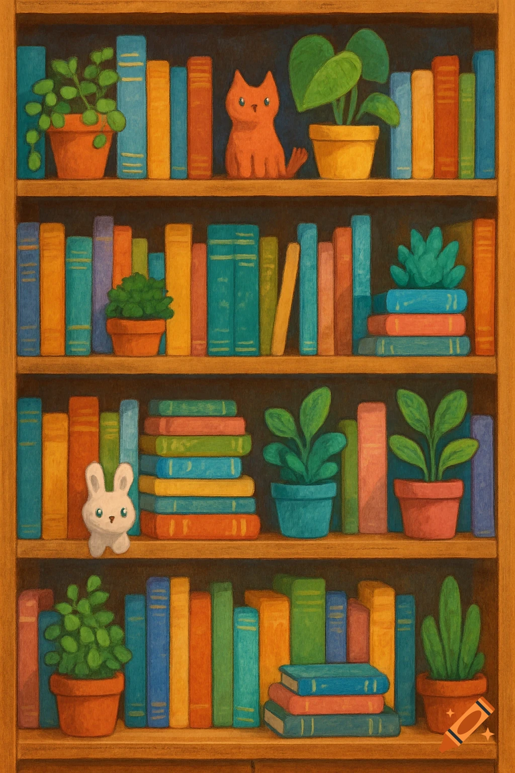 A colorful bookshelf filled with books, potted plants, an orange cat, and a white bunny.