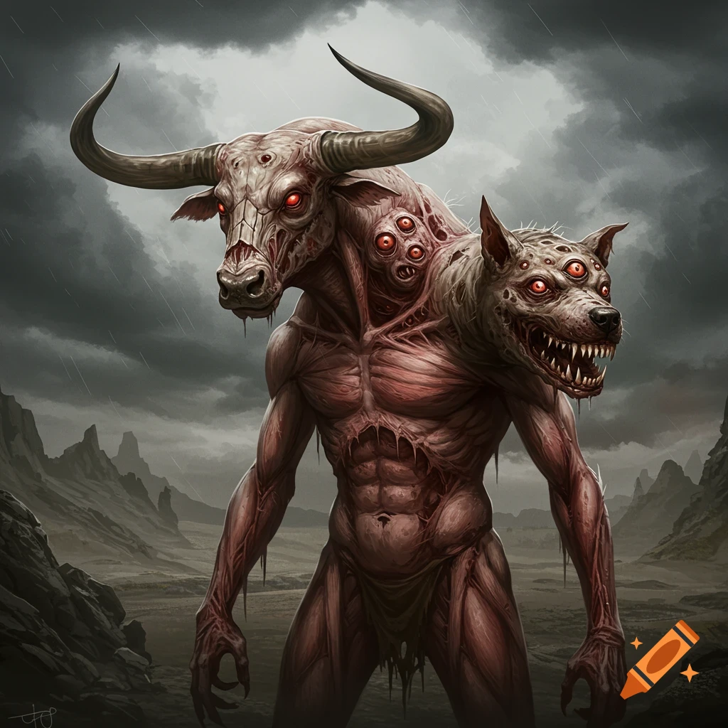 A monstrous creature with a bull head and a dog head stands in a stormy landscape.
