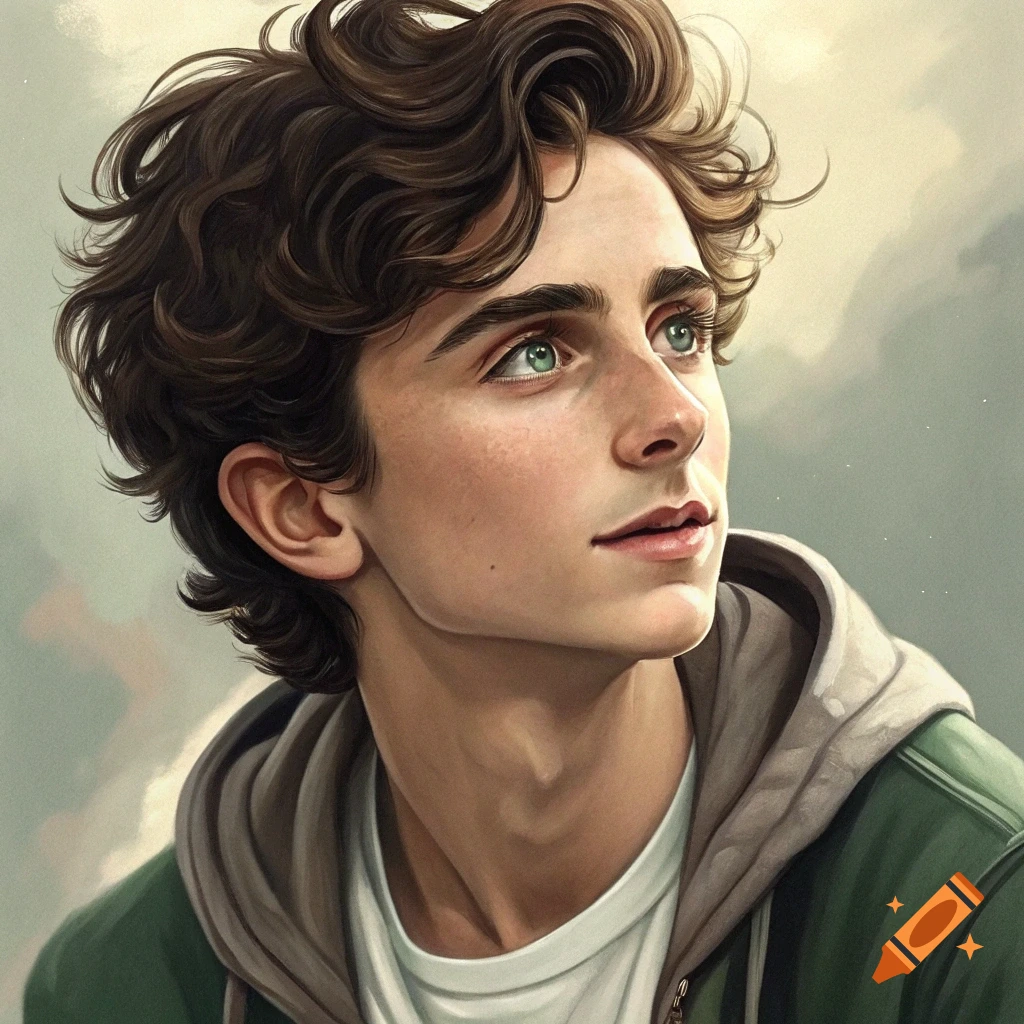 Young man with wavy brown hair and green eyes wearing a green hoodie, looking upwards.