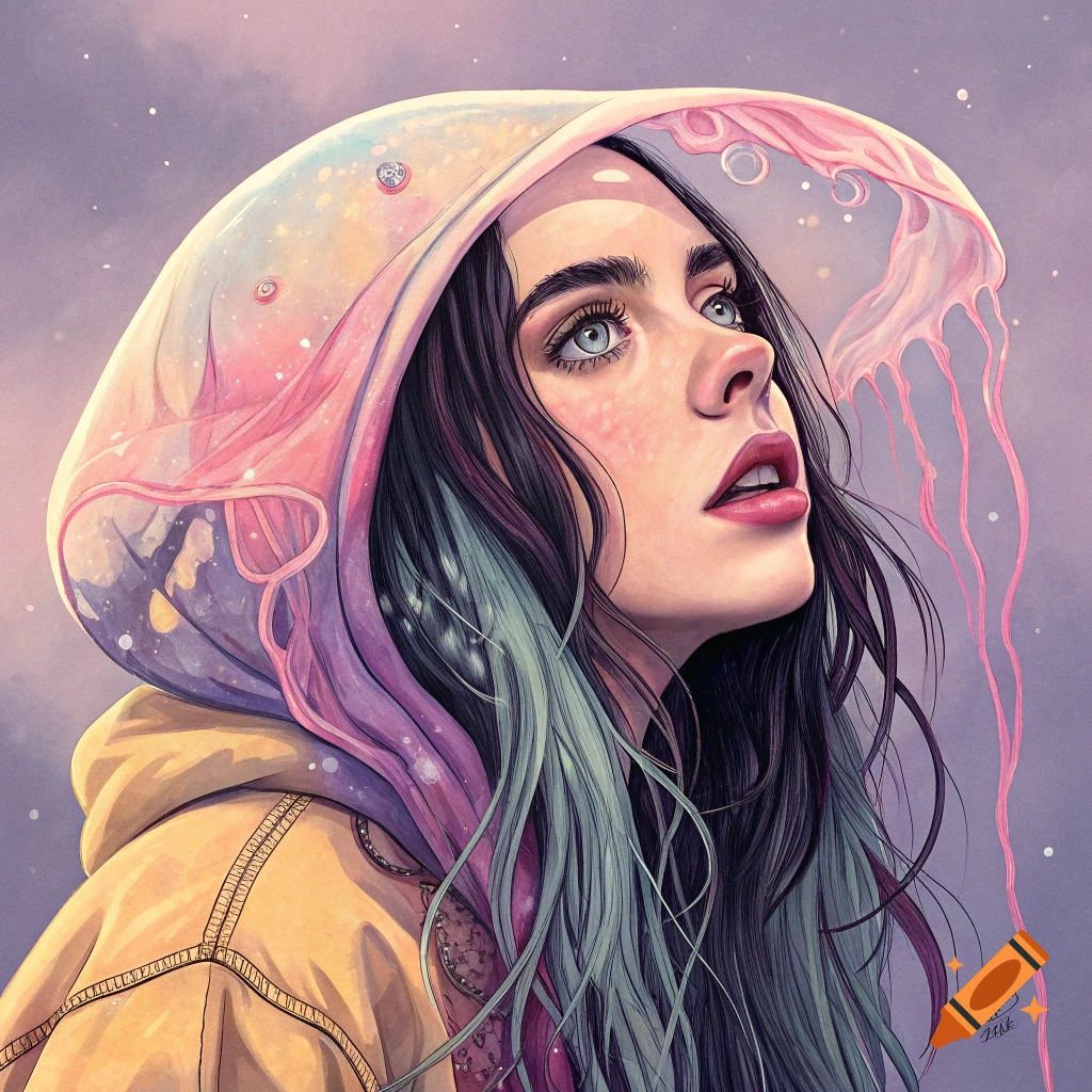 Digital illustration of a woman looking up, wearing a colorful, translucent jellyfish-like hood.
