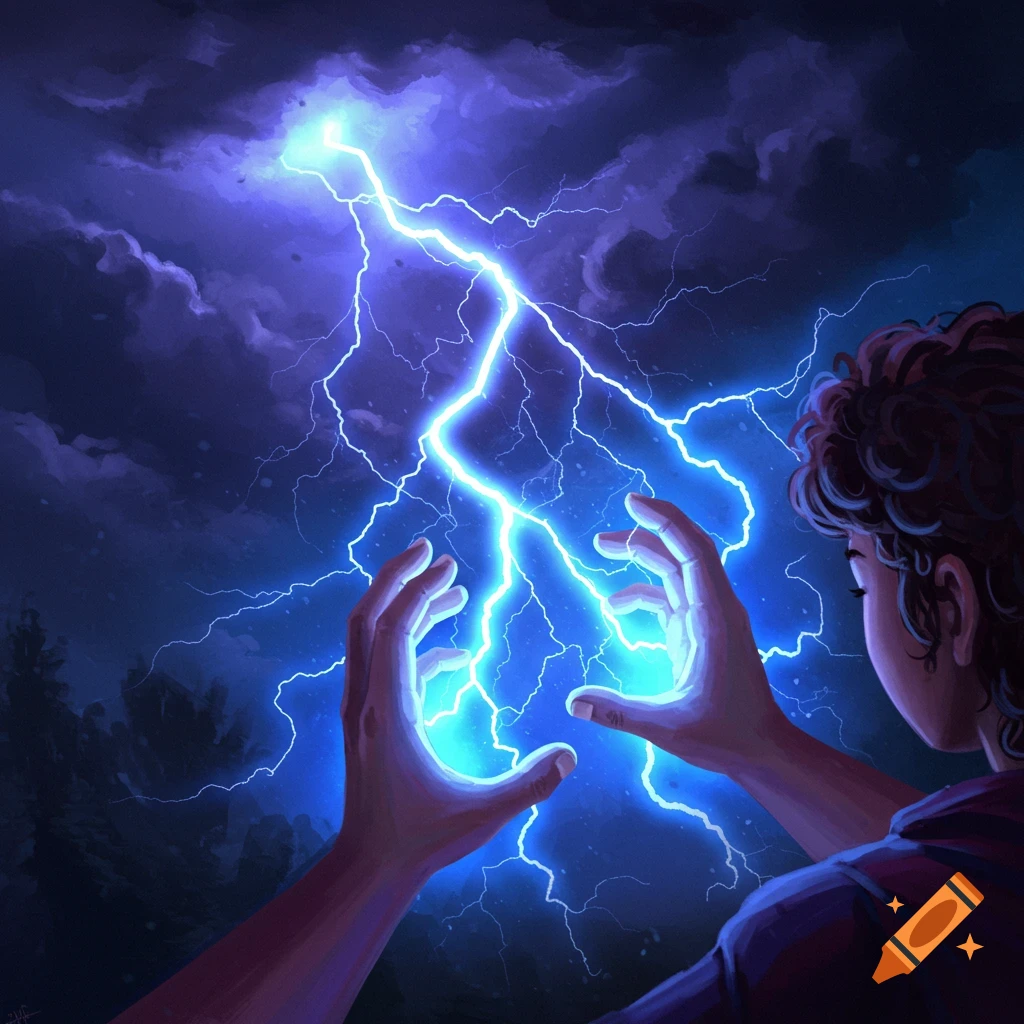 Hands conjuring lightning under a dark, stormy sky
