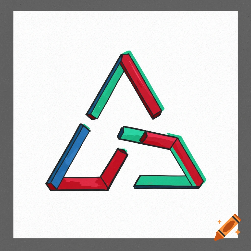 An impossible triangle made of red, green, and blue blocks.
