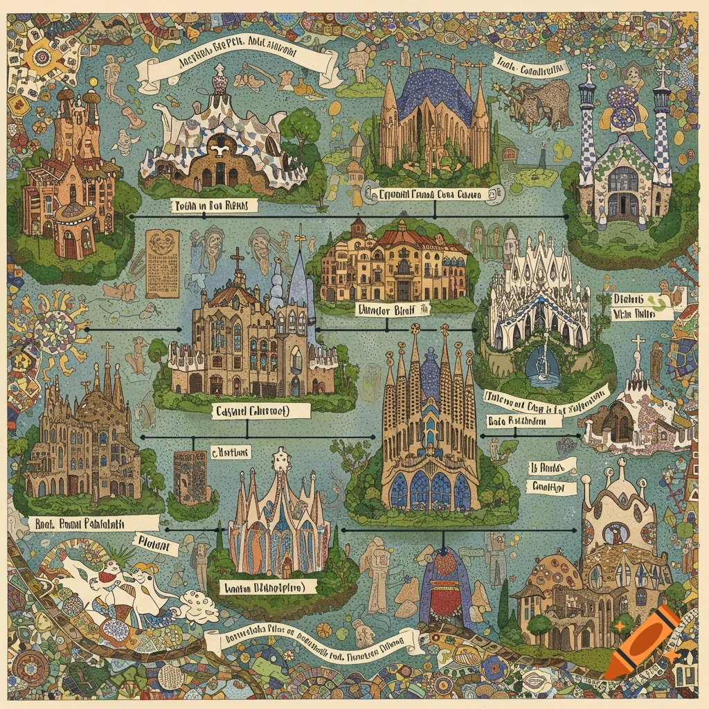 Illustrated map or timeline showing various buildings and works by Antoni Gaudi in a whimsical style.