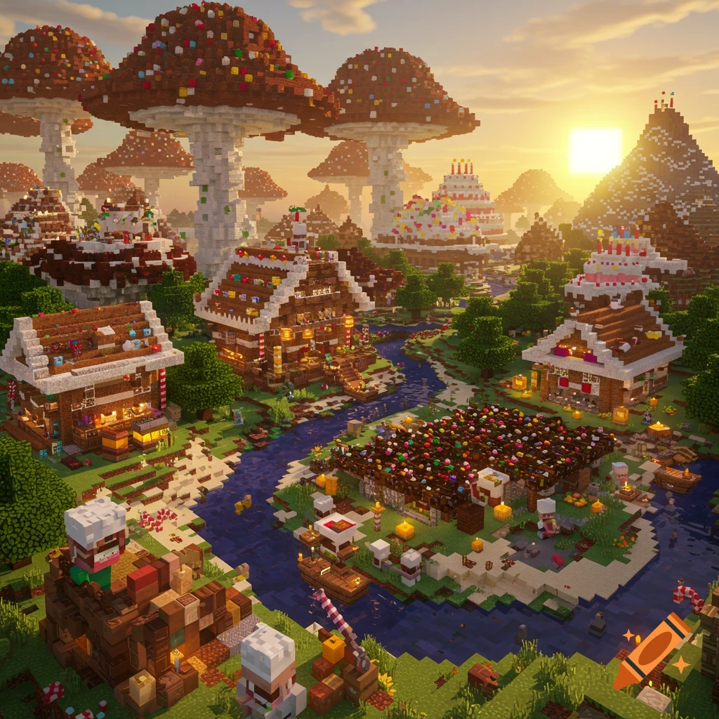 A blocky landscape in the style of Minecraft, featuring gingerbread houses, cake mountains, candy mushrooms, and a river under a sunset.