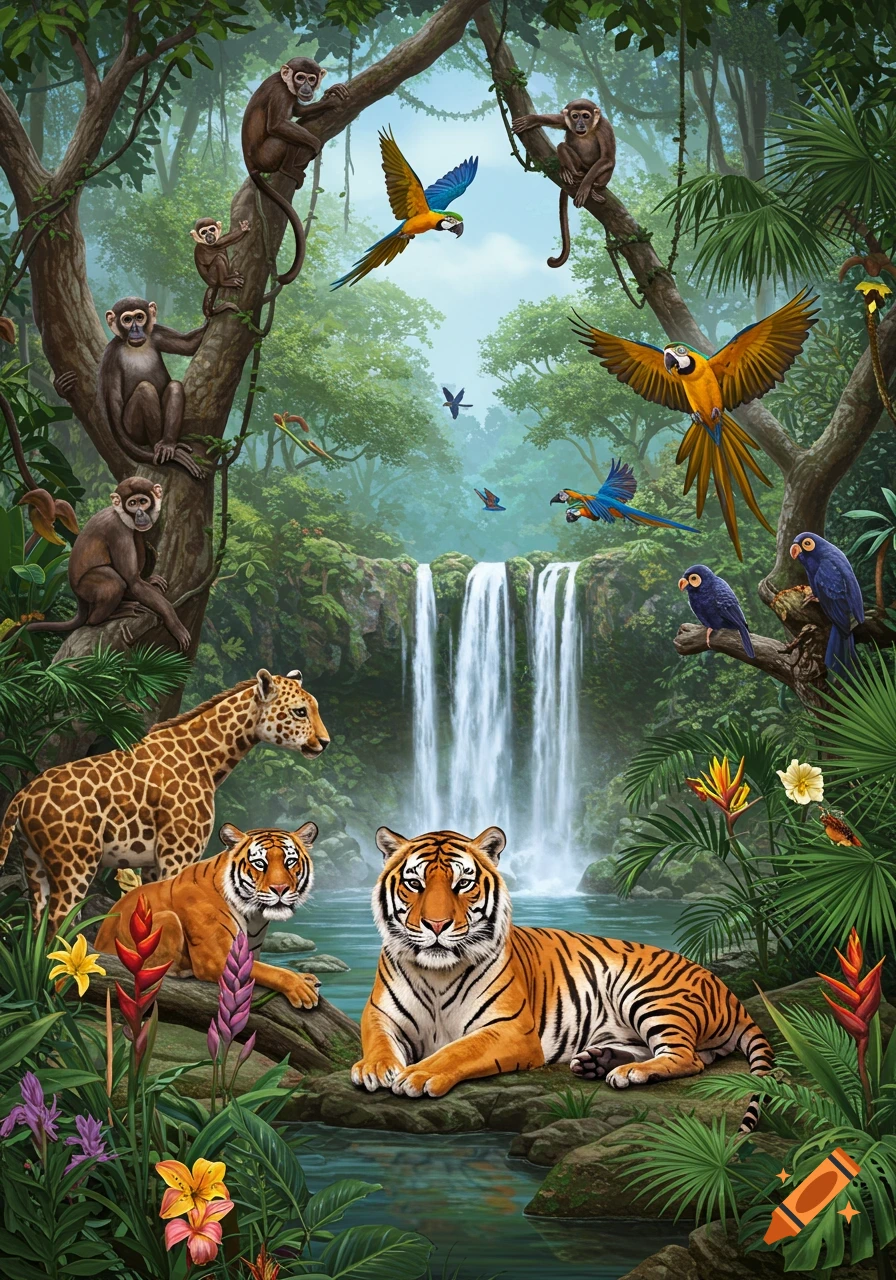 Various animals including tigers, a leopard, monkeys, and birds are in a lush jungle with a waterfall.