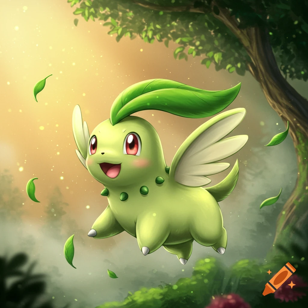 Chikorita flying with leaf wings in a sunlit forest.